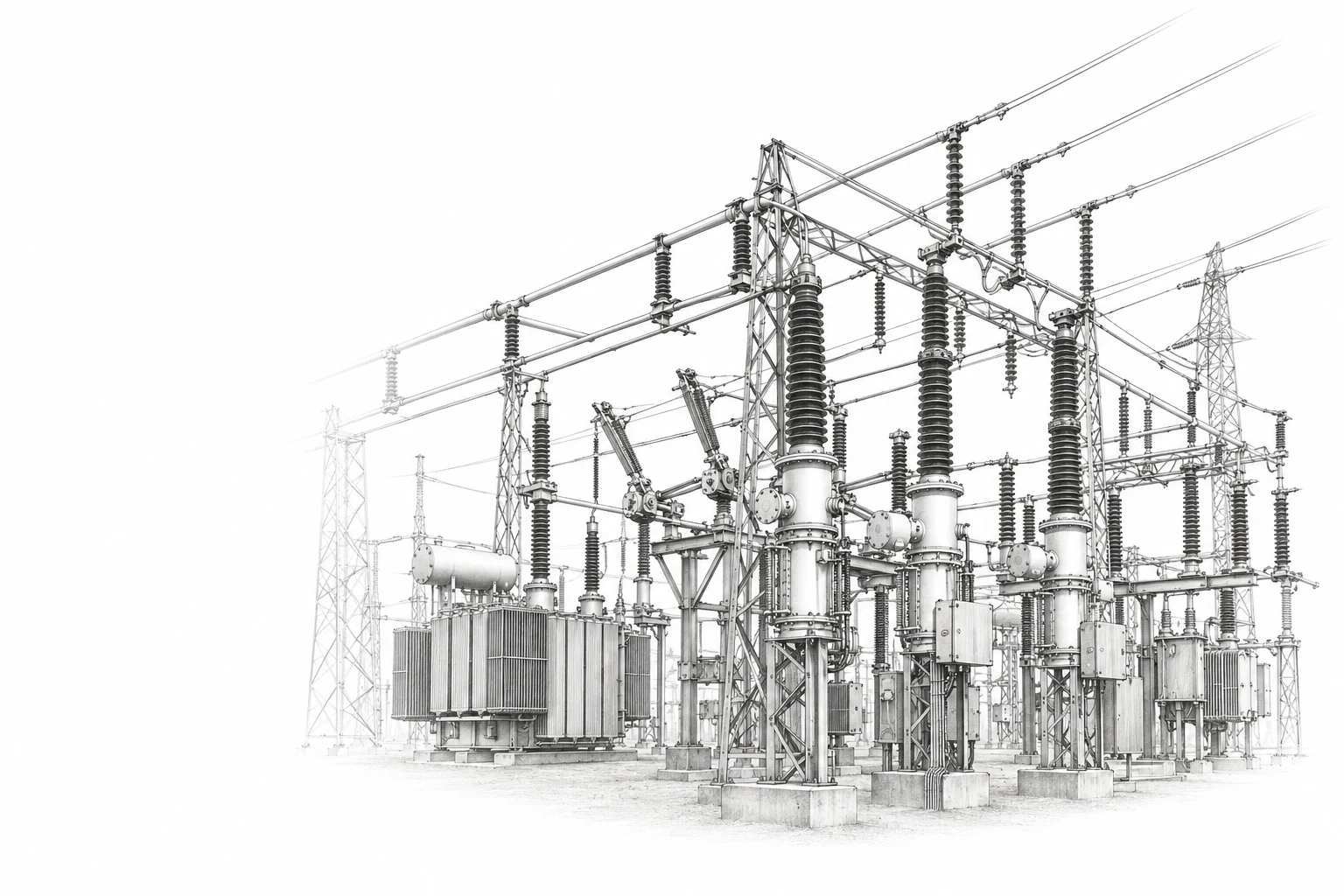 Ilustración a lápiz de una subestación eléctrica de alta tensión